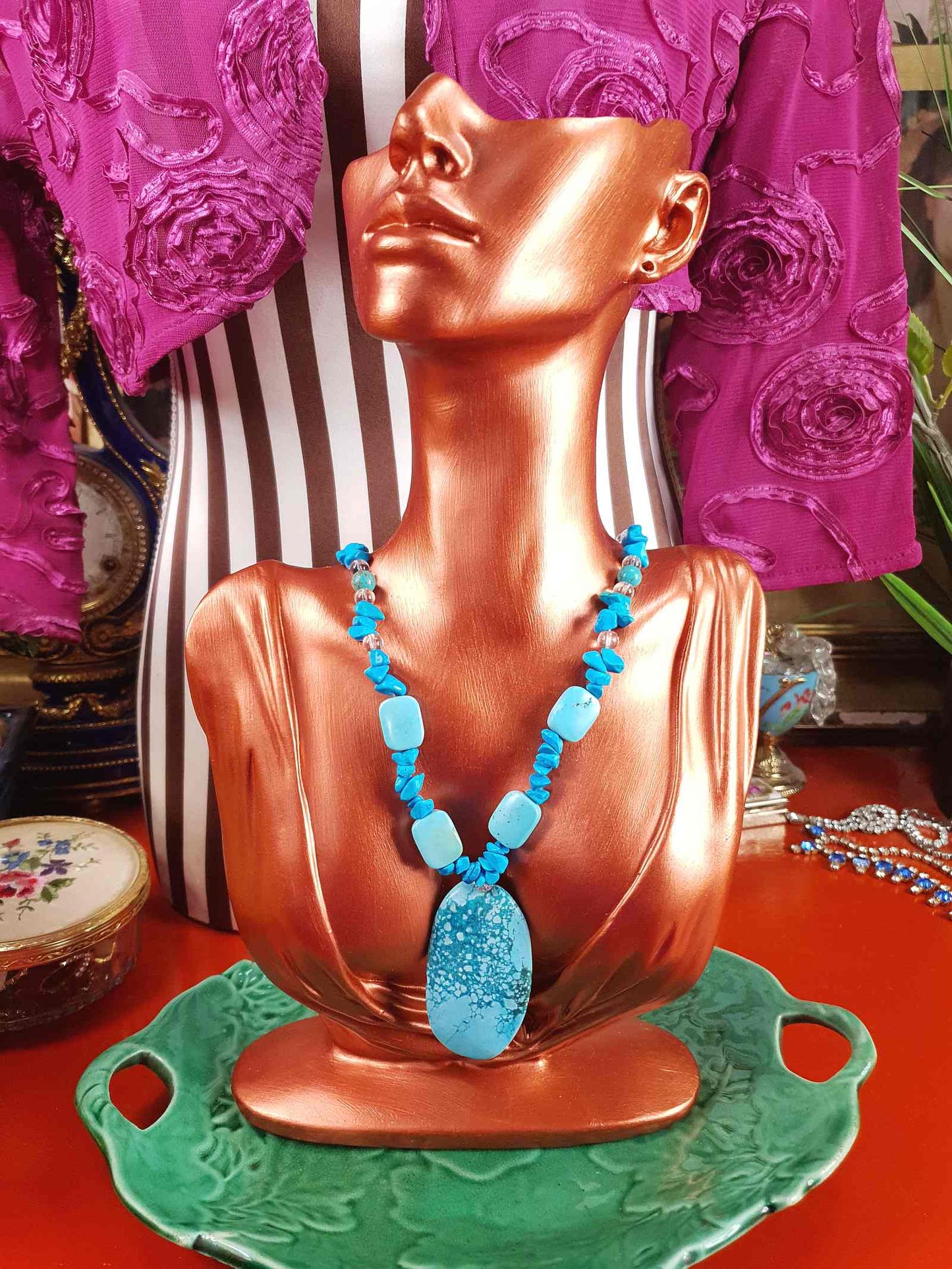 Vintage Turquoise Blue Ceramic Boho Glass Necklace Y2K