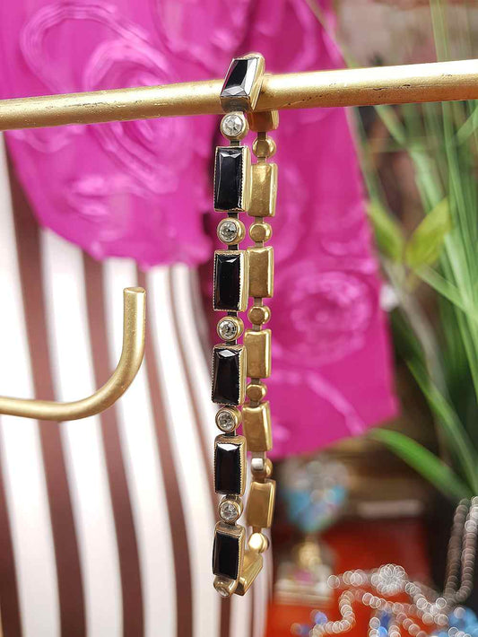 Vintage 1920s Art Deco Czech Rhinestone Bracelet – Black Glass Links Signed