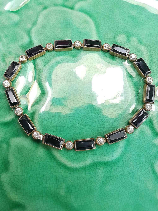 Vintage 1920s Art Deco Czech Rhinestone Bracelet – Black Glass Links Signed