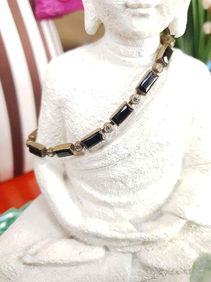 Vintage 1920s Art Deco Czech Rhinestone Bracelet – Black Glass Links Signed