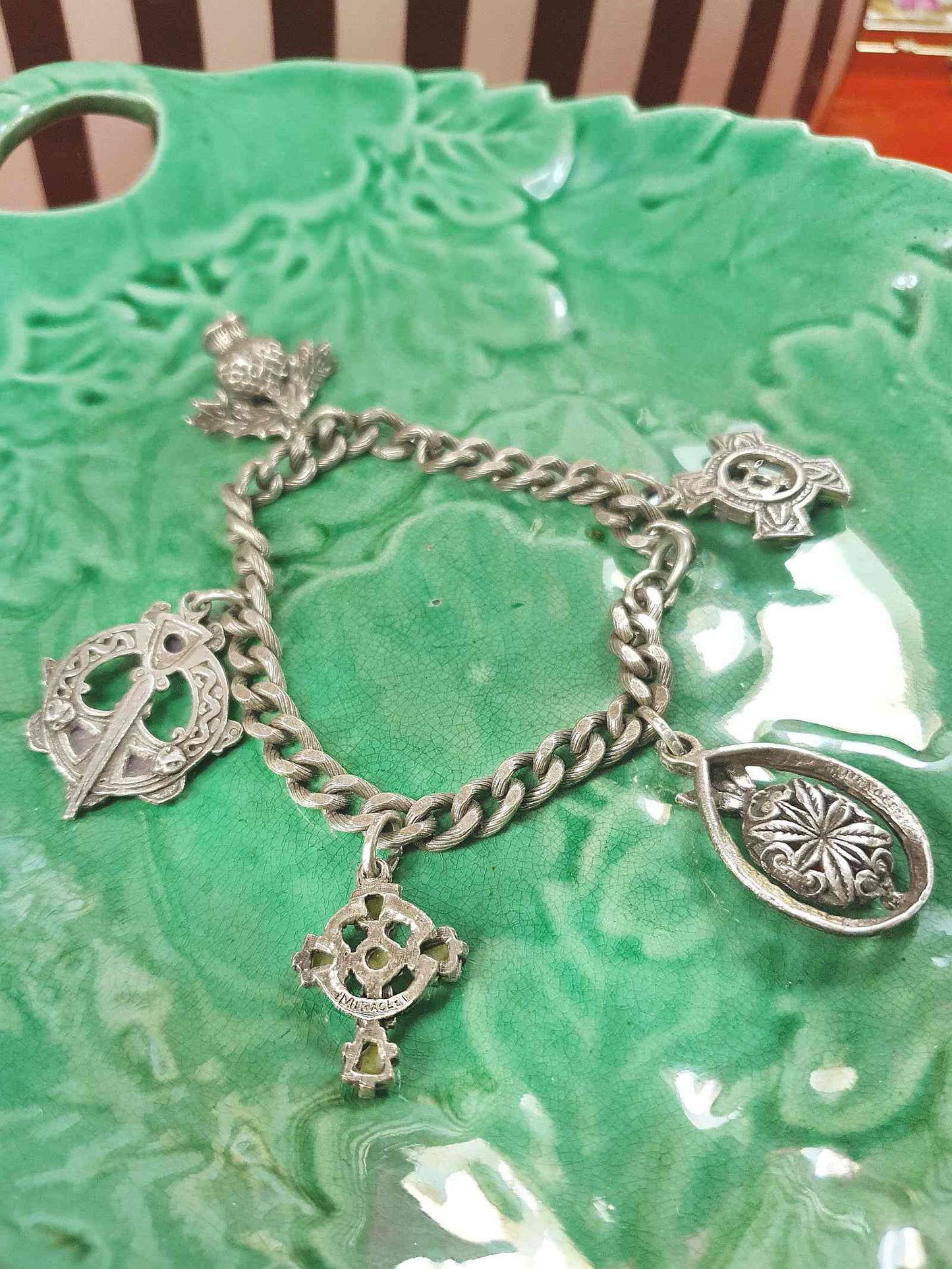 Vintage 1960s Miracle Scottish Pewter Charm Bracelet Celtic - Signed