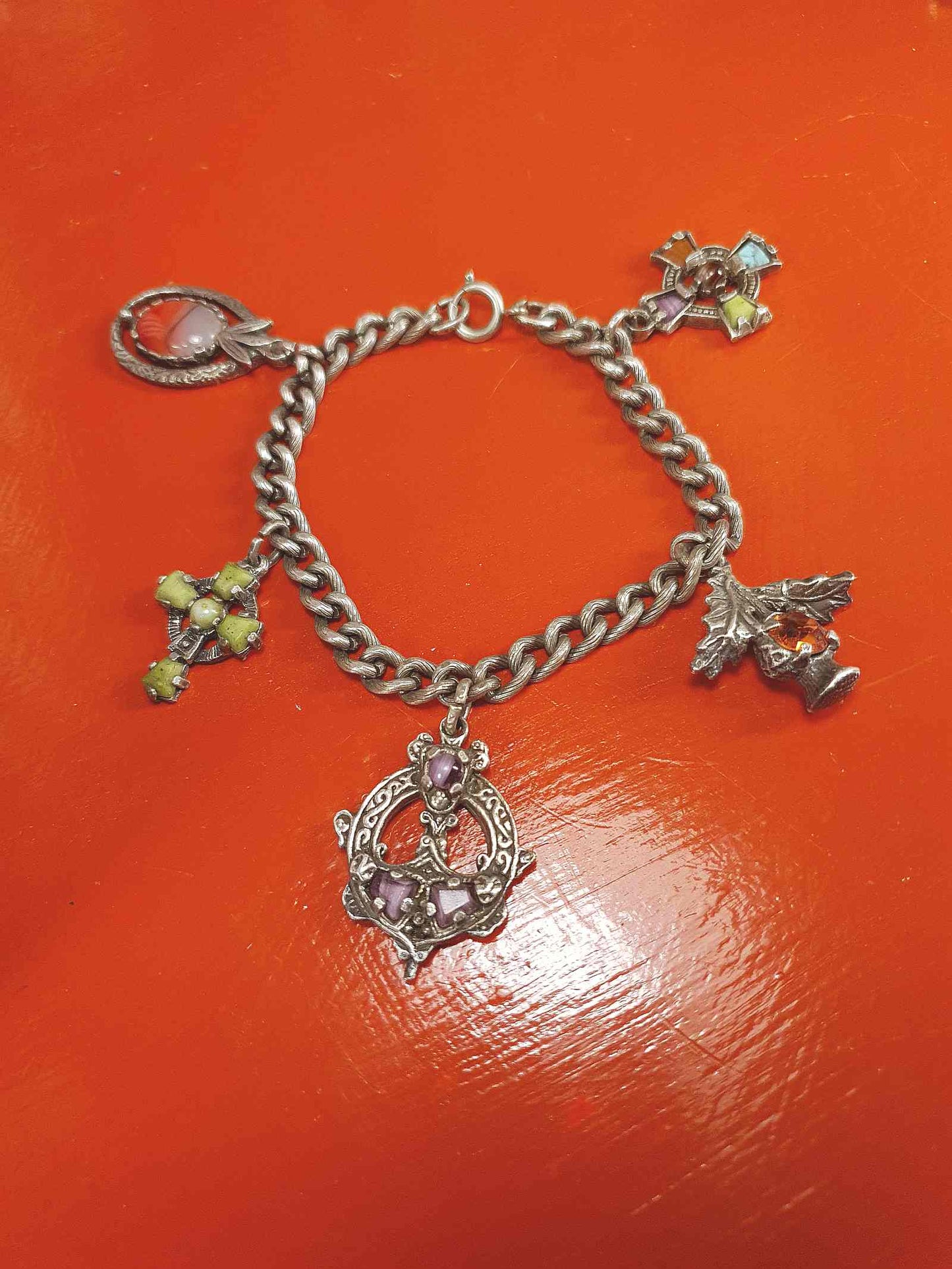 Vintage 1960s Miracle Scottish Pewter Charm Bracelet Celtic - Signed