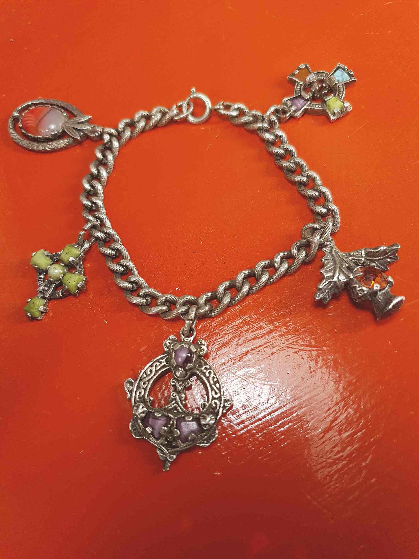 Vintage 1960s Miracle Scottish Pewter Charm Bracelet Celtic - Signed