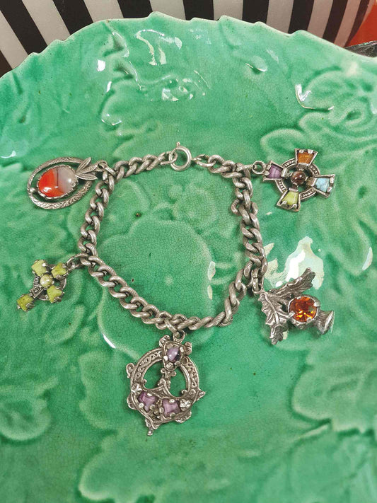 Vintage 1960s Miracle Scottish Pewter Charm Bracelet Celtic - Signed