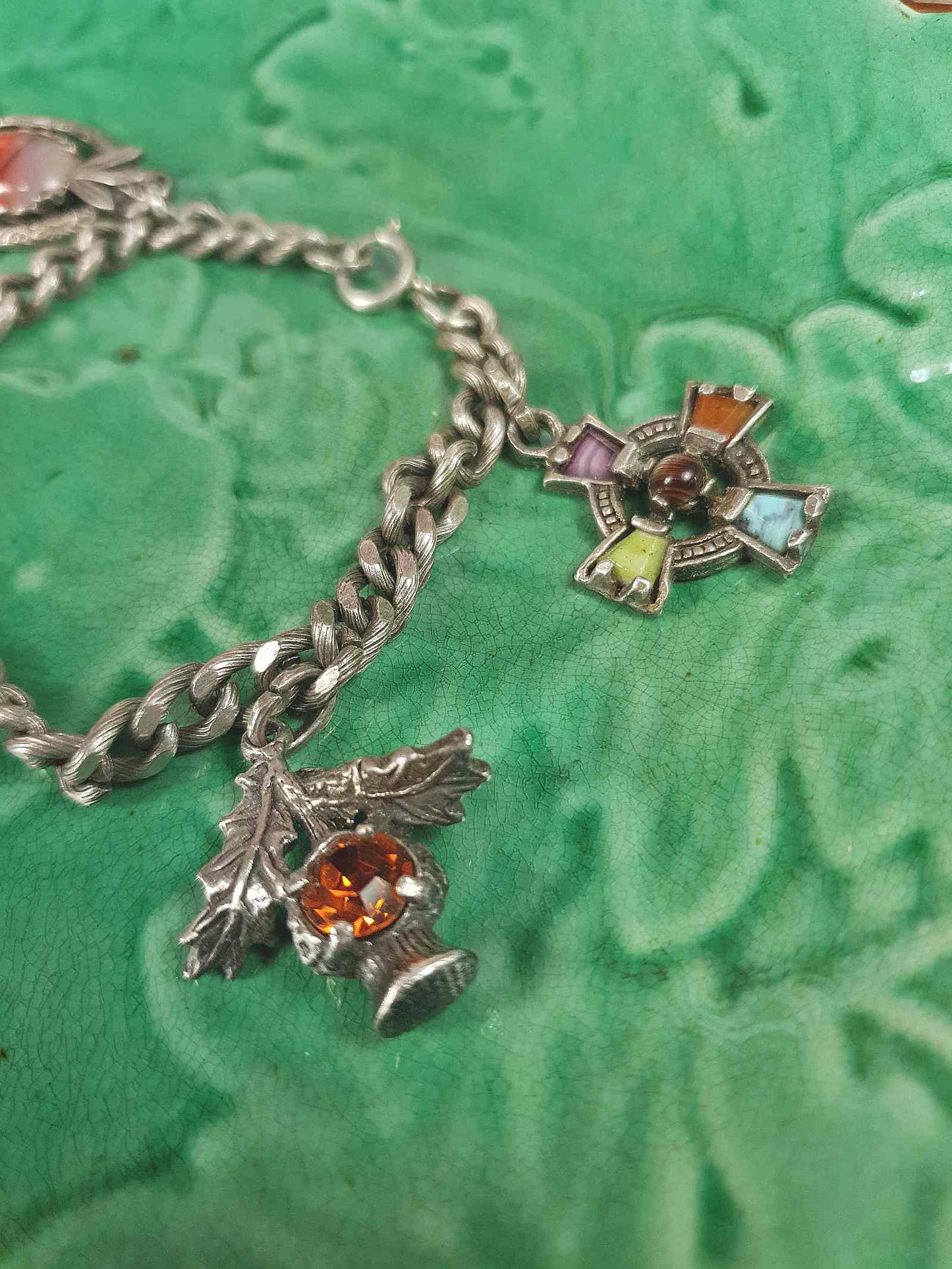 Vintage 1960s Miracle Scottish Pewter Charm Bracelet Celtic - Signed