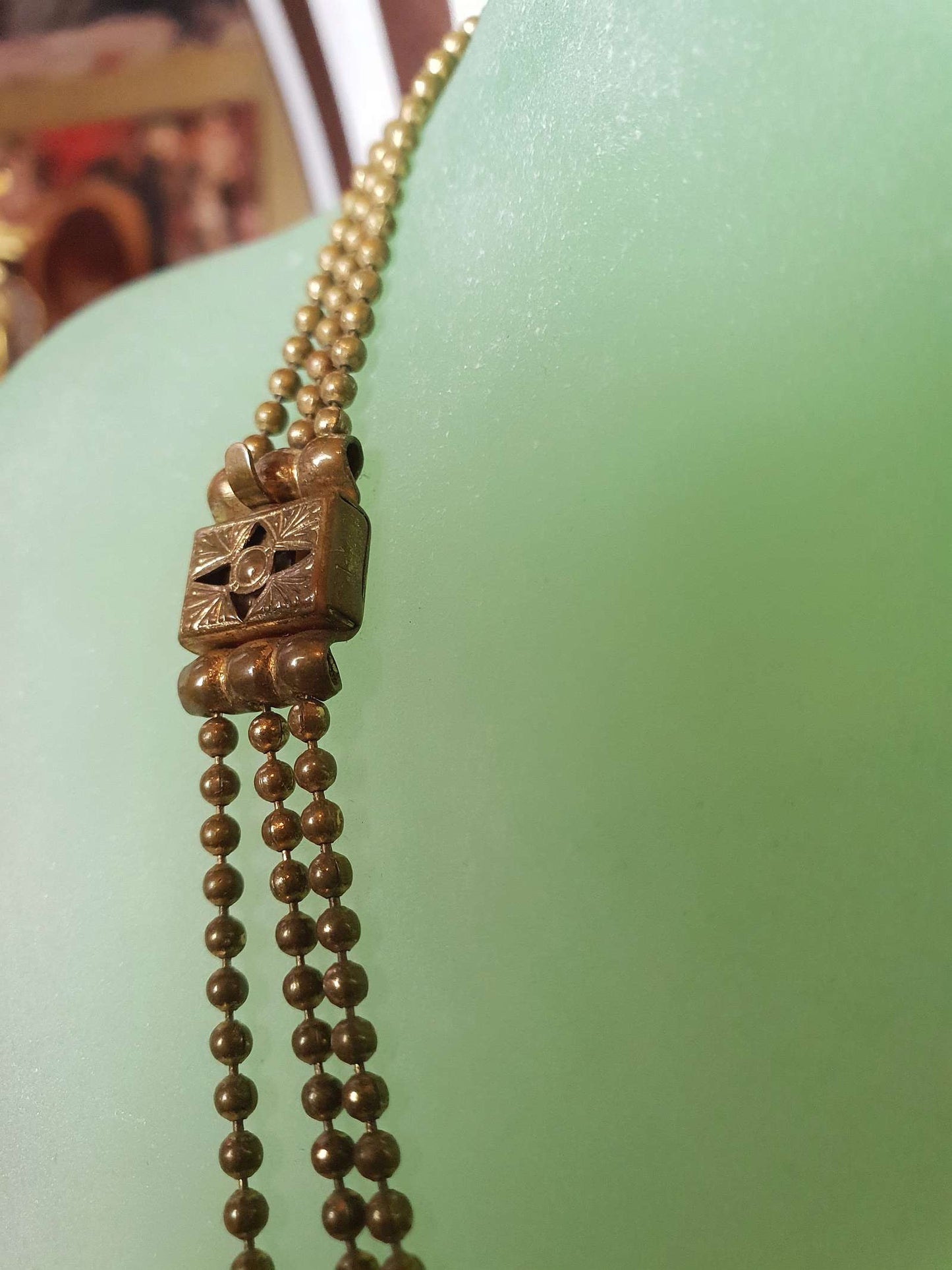 1920s Art Deco Necklace Brass Beads Antique Three Tiers