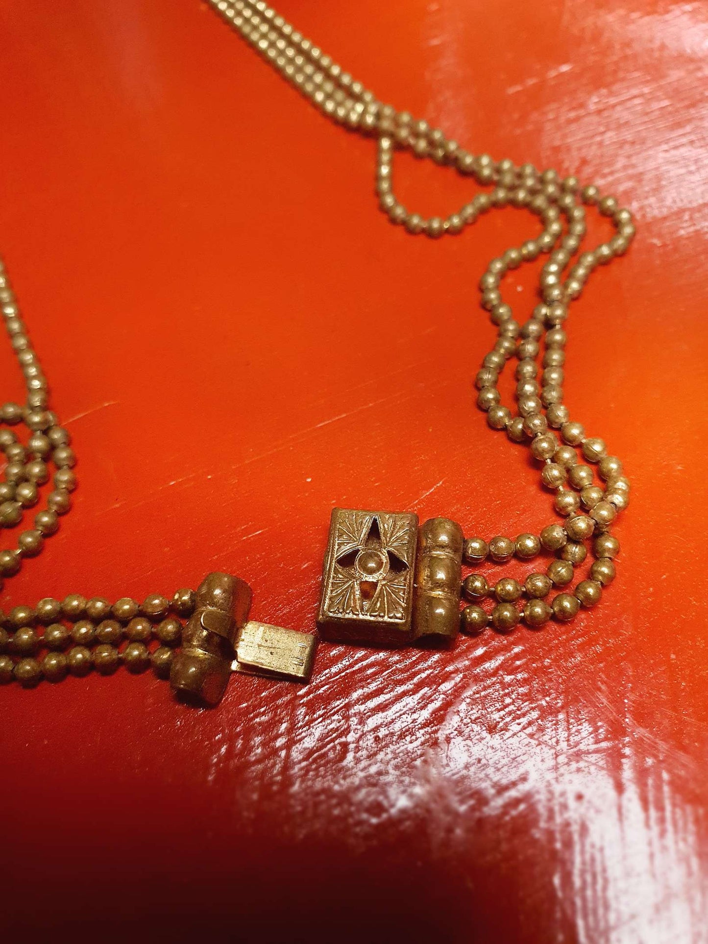 1920s Art Deco Necklace Brass Beads Antique Three Tiers