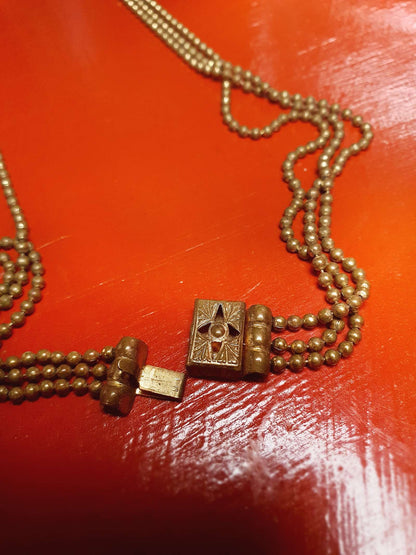 1920s Art Deco Necklace Brass Beads Antique Three Tiers