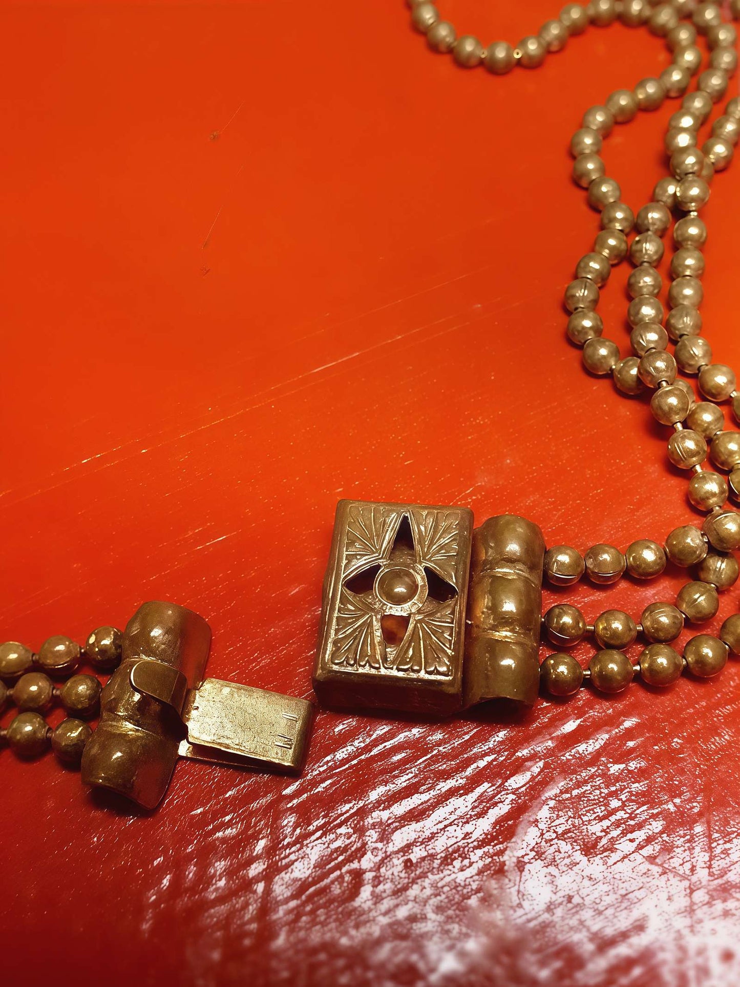 1920s Art Deco Necklace Brass Beads Antique Three Tiers