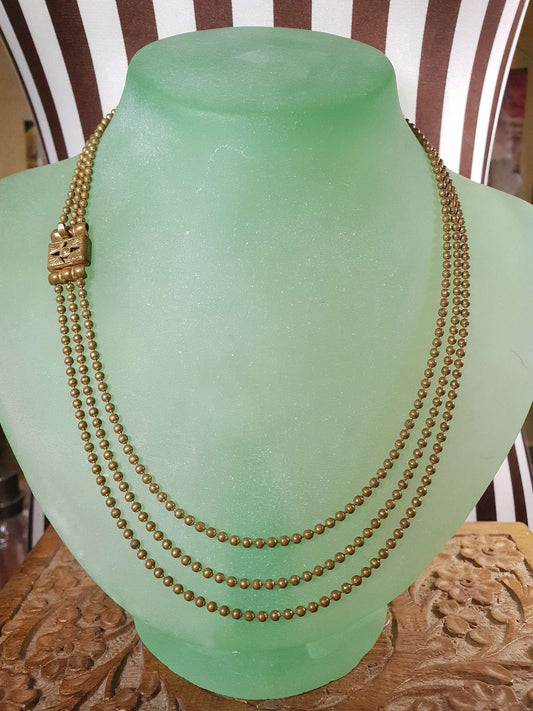 1920s Art Deco Necklace Brass Beads Antique Three Tiers
