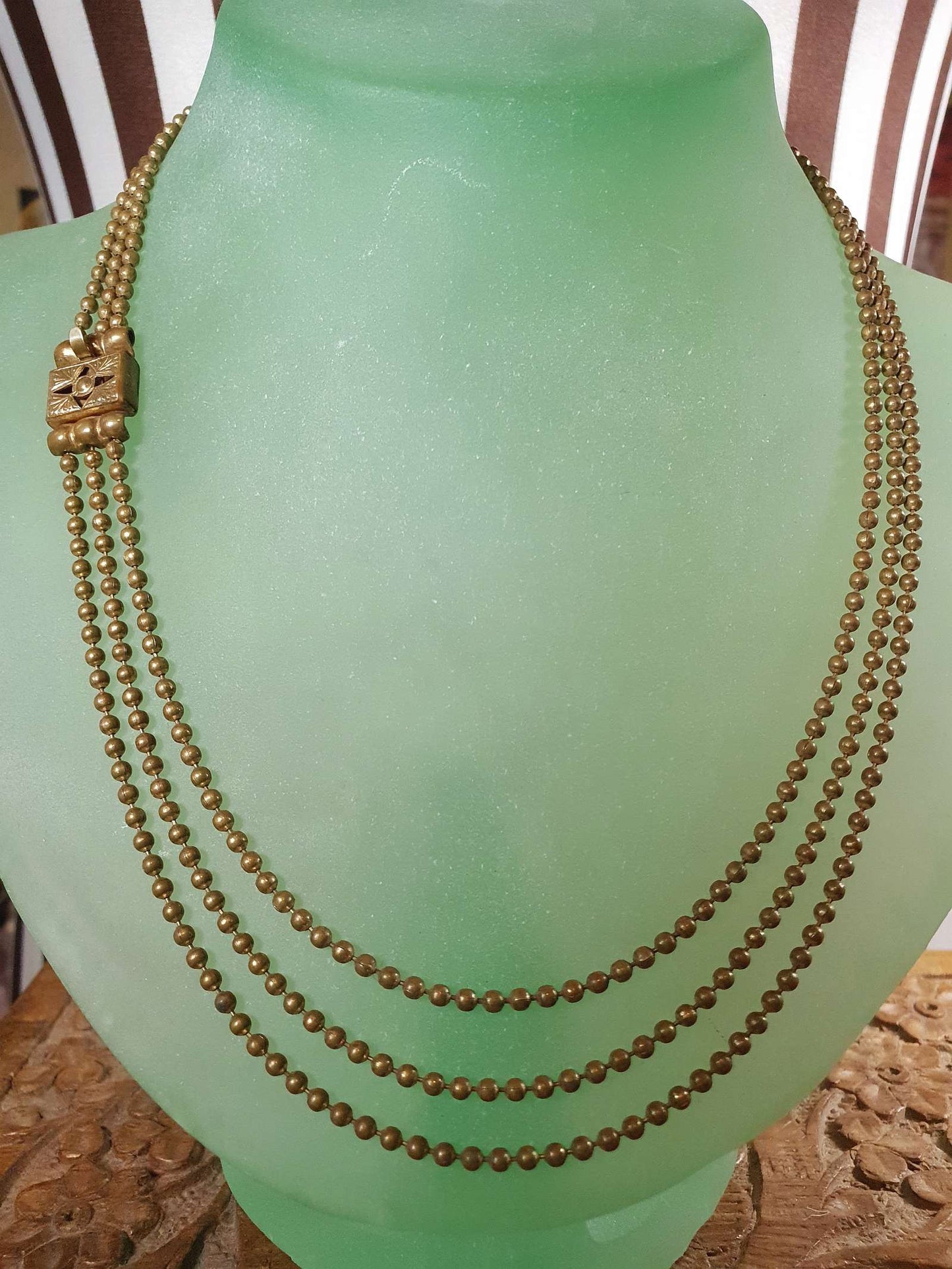 1920s Art Deco Necklace Brass Beads Antique Three Tiers