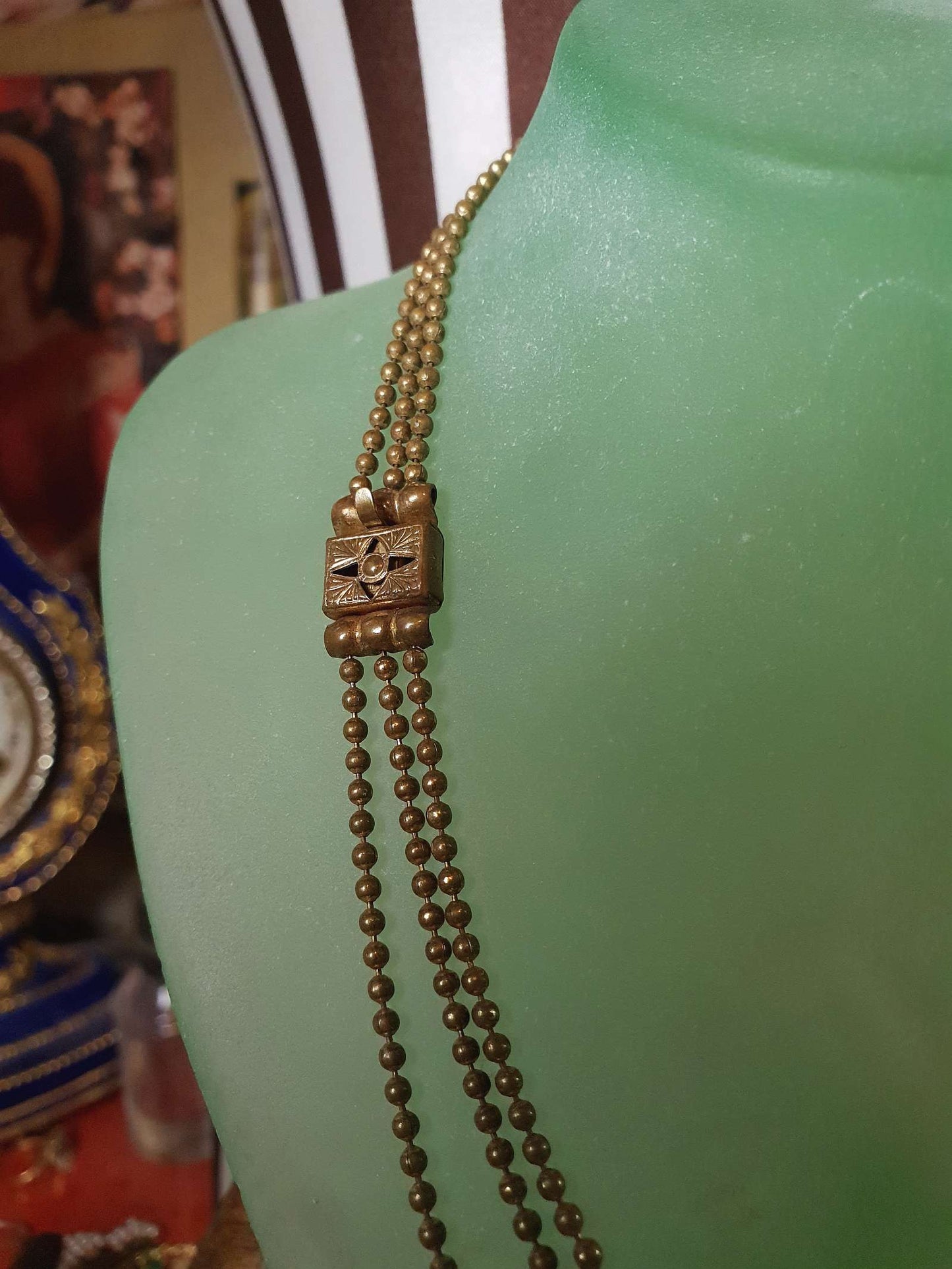1920s Art Deco Necklace Brass Beads Antique Three Tiers