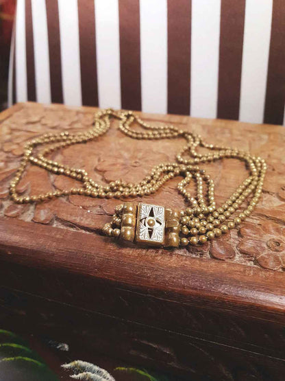 Vintage 1920s Art Deco Necklace Brass Beads Antique Three Tiers Antique