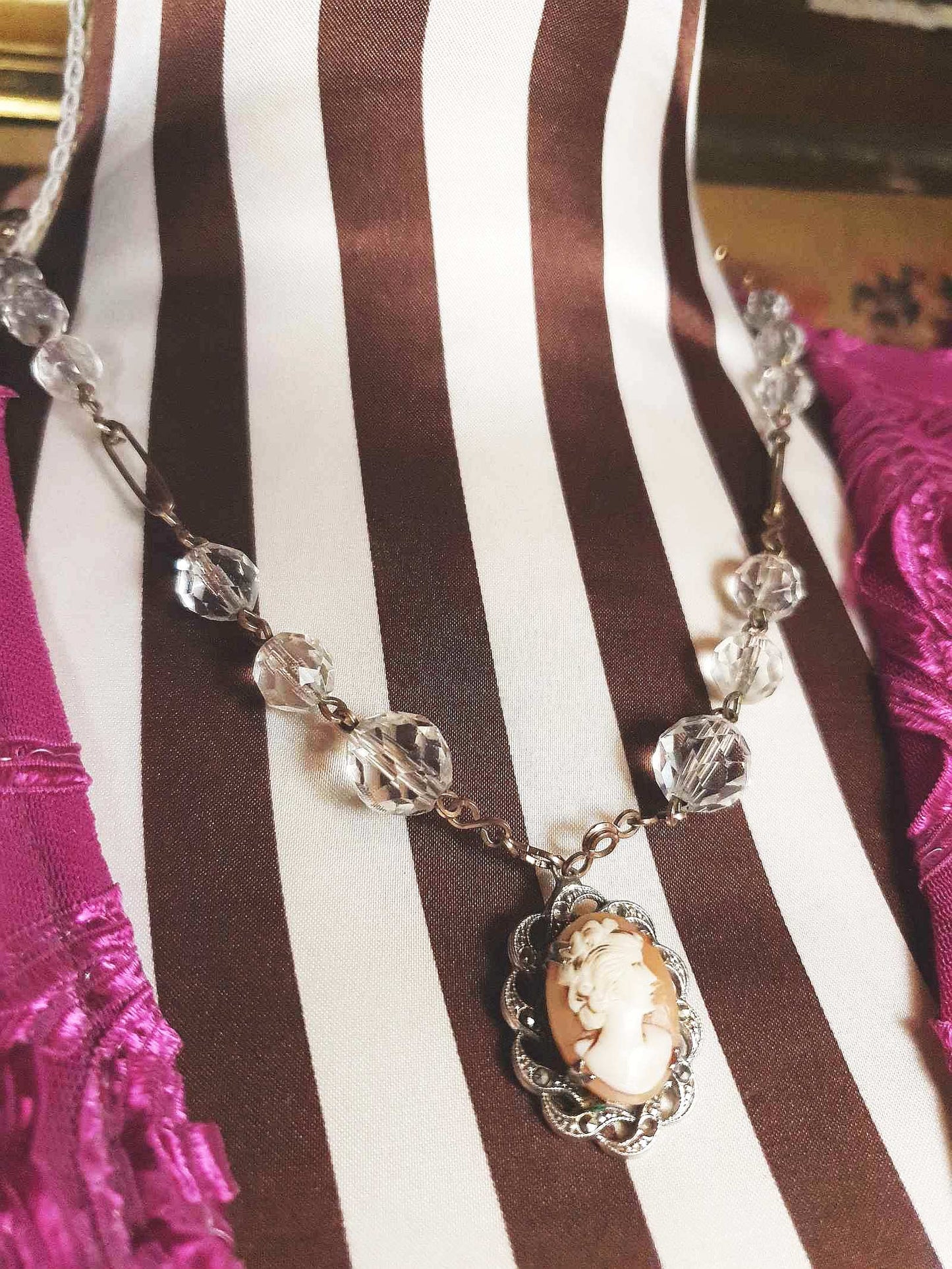 Vintage Art Deco Crystal Cameo Necklace Pendant 1920s Antique