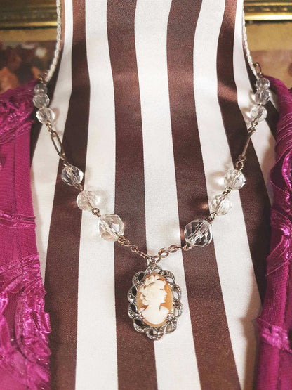 Vintage Art Deco Crystal Cameo Necklace Pendant 1920s Antique