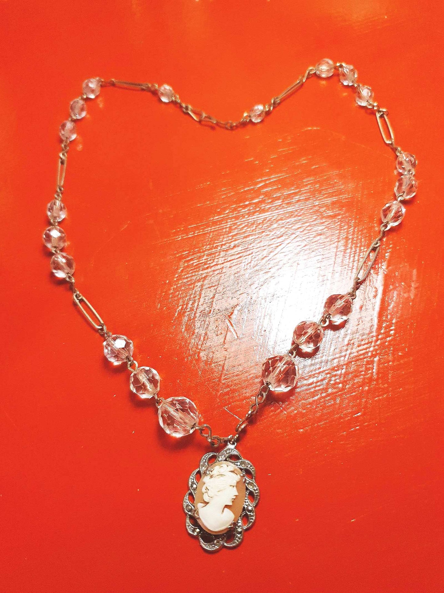 Vintage Art Deco Crystal Cameo Necklace Pendant 1920s Antique
