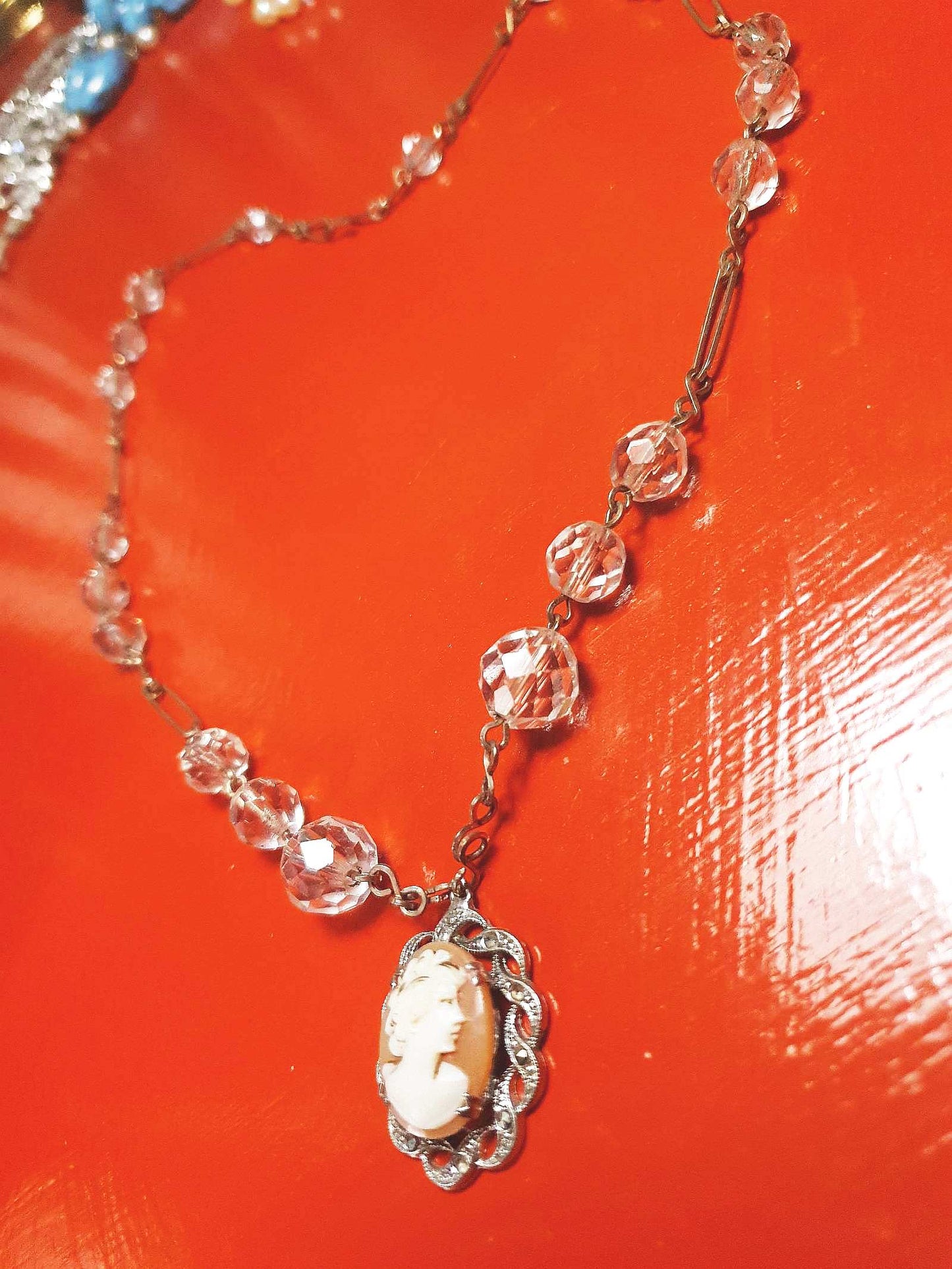 Vintage Art Deco Crystal Cameo Necklace Pendant 1920s Antique