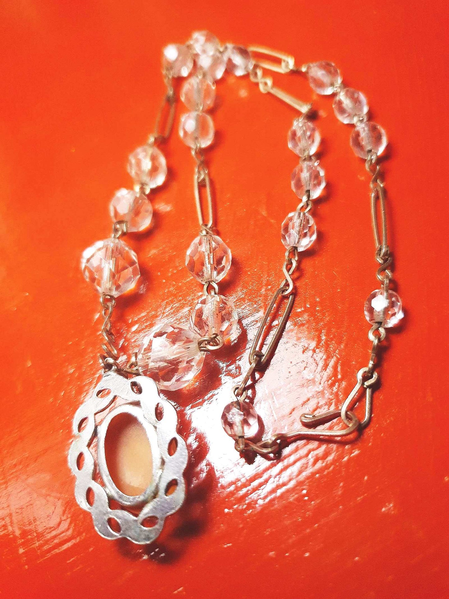 Vintage Art Deco Crystal Cameo Necklace Pendant 1920s Antique
