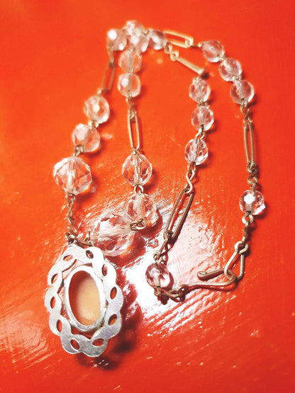 Vintage Art Deco Crystal Cameo Necklace Pendant 1920s Antique