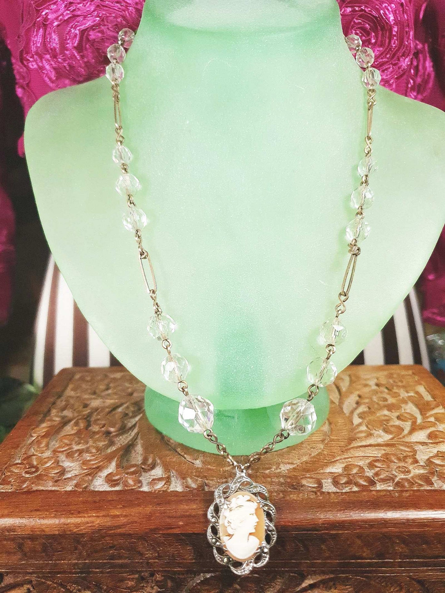 Vintage Art Deco Crystal Cameo Necklace Pendant 1920s Antique