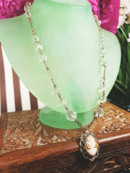 Vintage Art Deco Crystal Cameo Necklace Pendant 1920s Antique