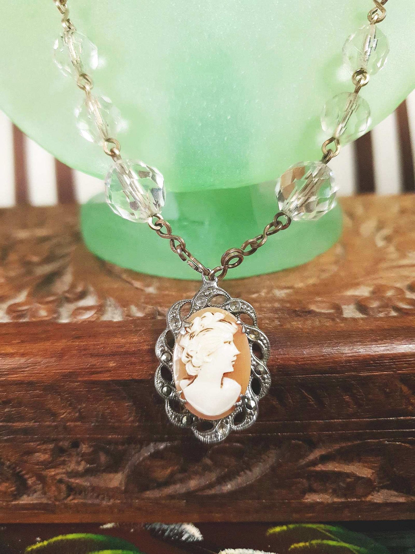 Vintage Art Deco Crystal Cameo Necklace Pendant 1920s Antique