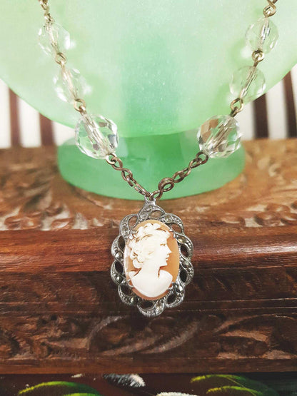 Vintage Art Deco Crystal Cameo Necklace Pendant 1920s Antique