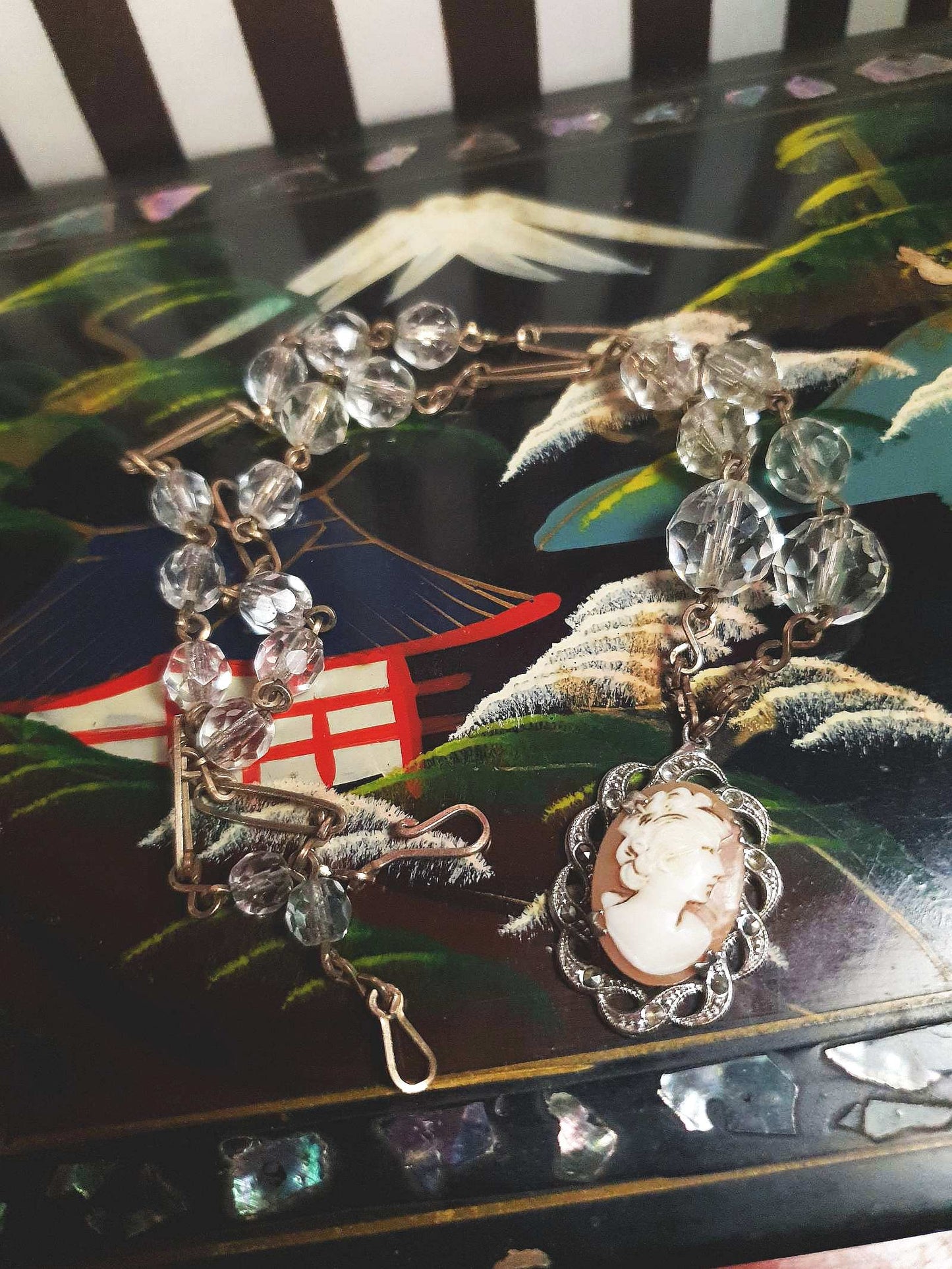 Vintage Art Deco Crystal Cameo Necklace Pendant 1920s Antique