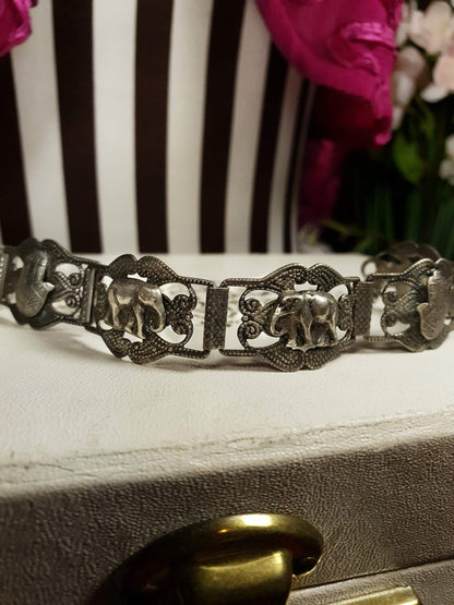 Vintage 1920s Silver Elephant Bracelet Antique Marked Boho Bohemian Algerian