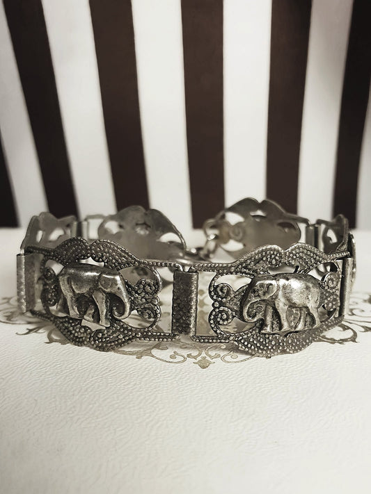 Vintage 1920s Silver Elephant Bracelet Antique Marked Boho Bohemian
