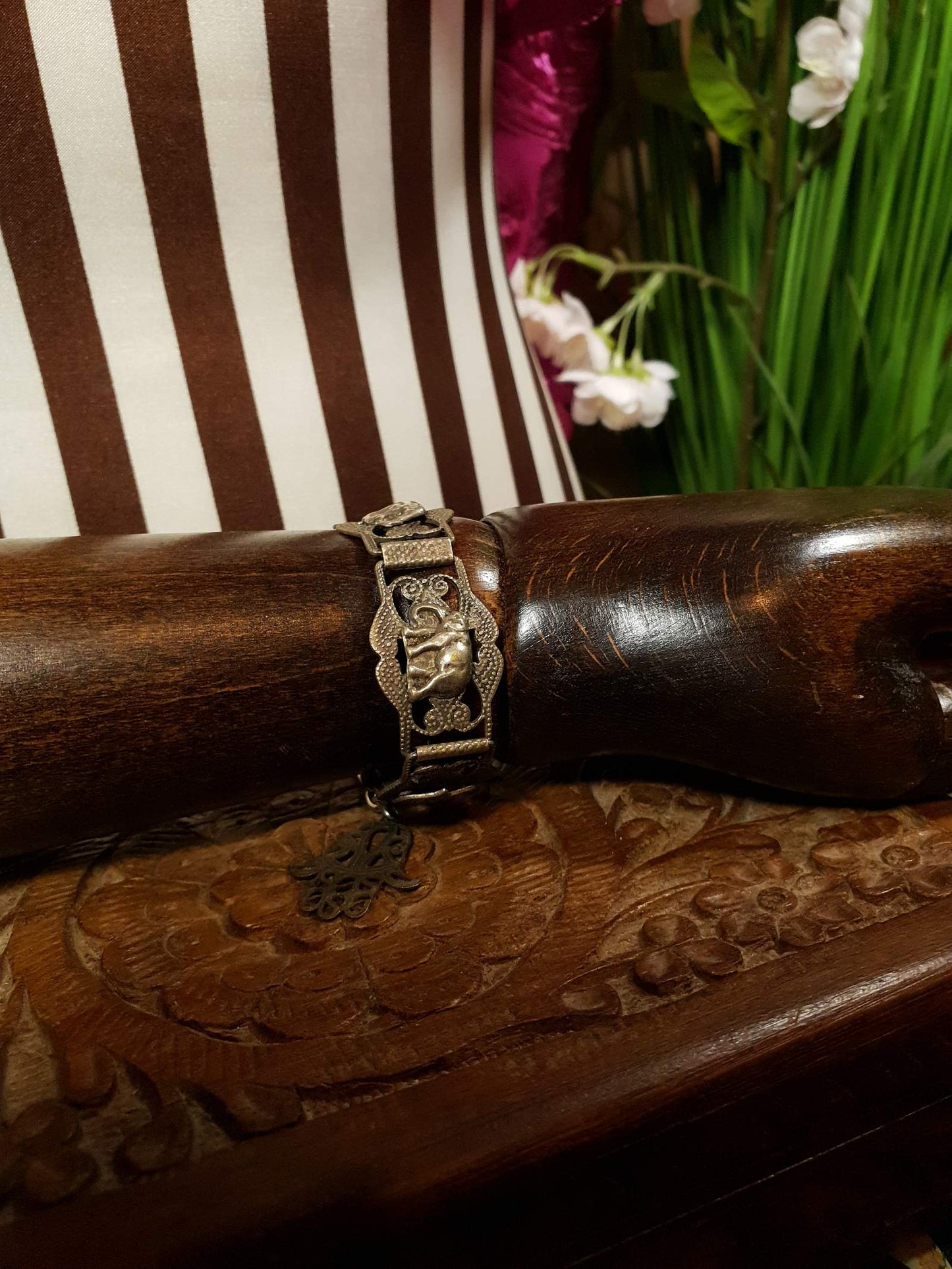 Vintage 1920s Silver Elephant Bracelet Antique Marked Boho Bohemian Algerian