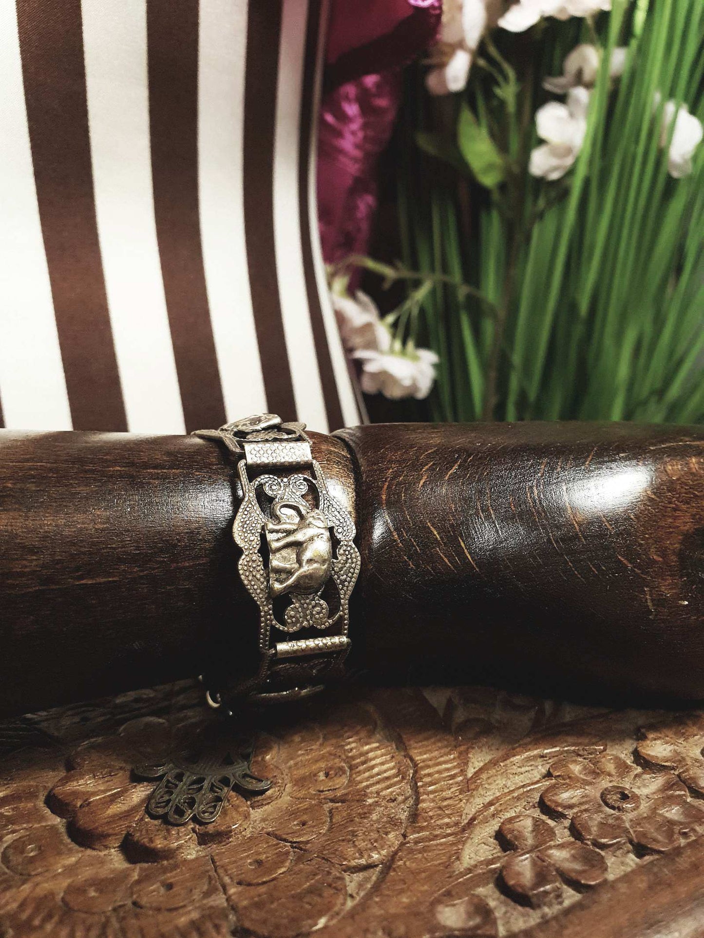 Vintage 1920s Silver Elephant Bracelet Antique Marked Boho Bohemian