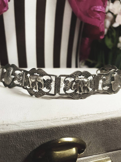 Vintage 1920s Silver Elephant Bracelet Antique Marked Boho Bohemian