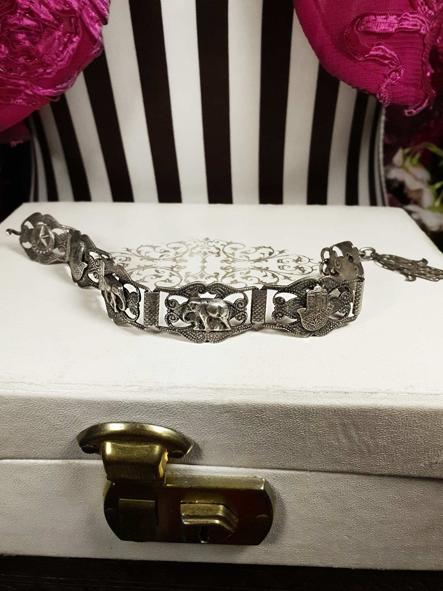 Vintage 1920s Silver Elephant Bracelet Antique Marked Boho Bohemian Algerian