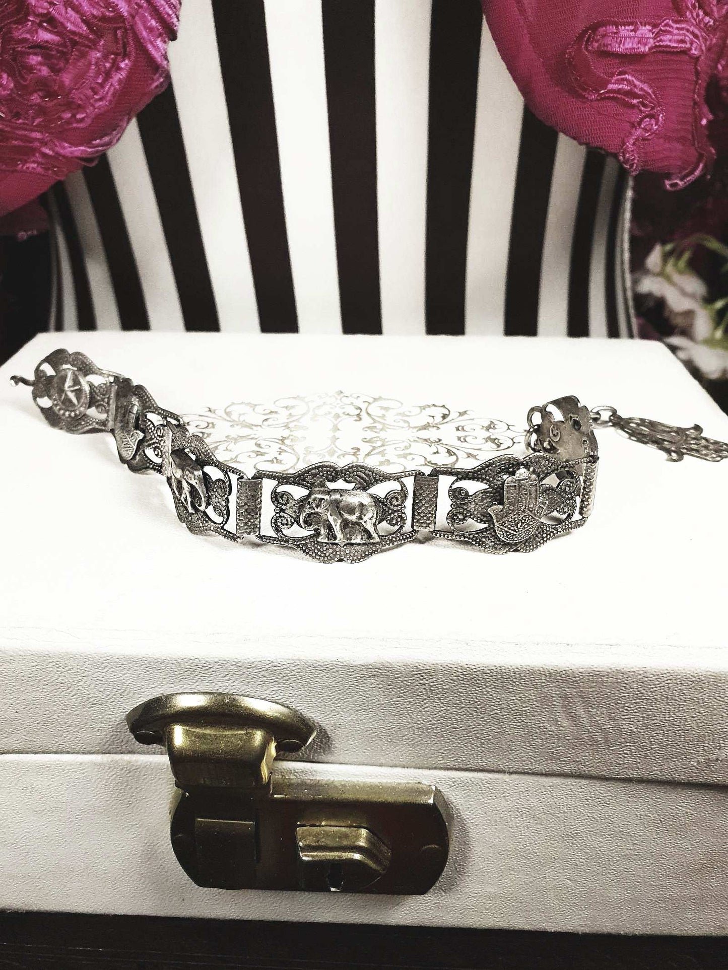 Vintage 1920s Silver Elephant Bracelet Antique Marked Boho Bohemian