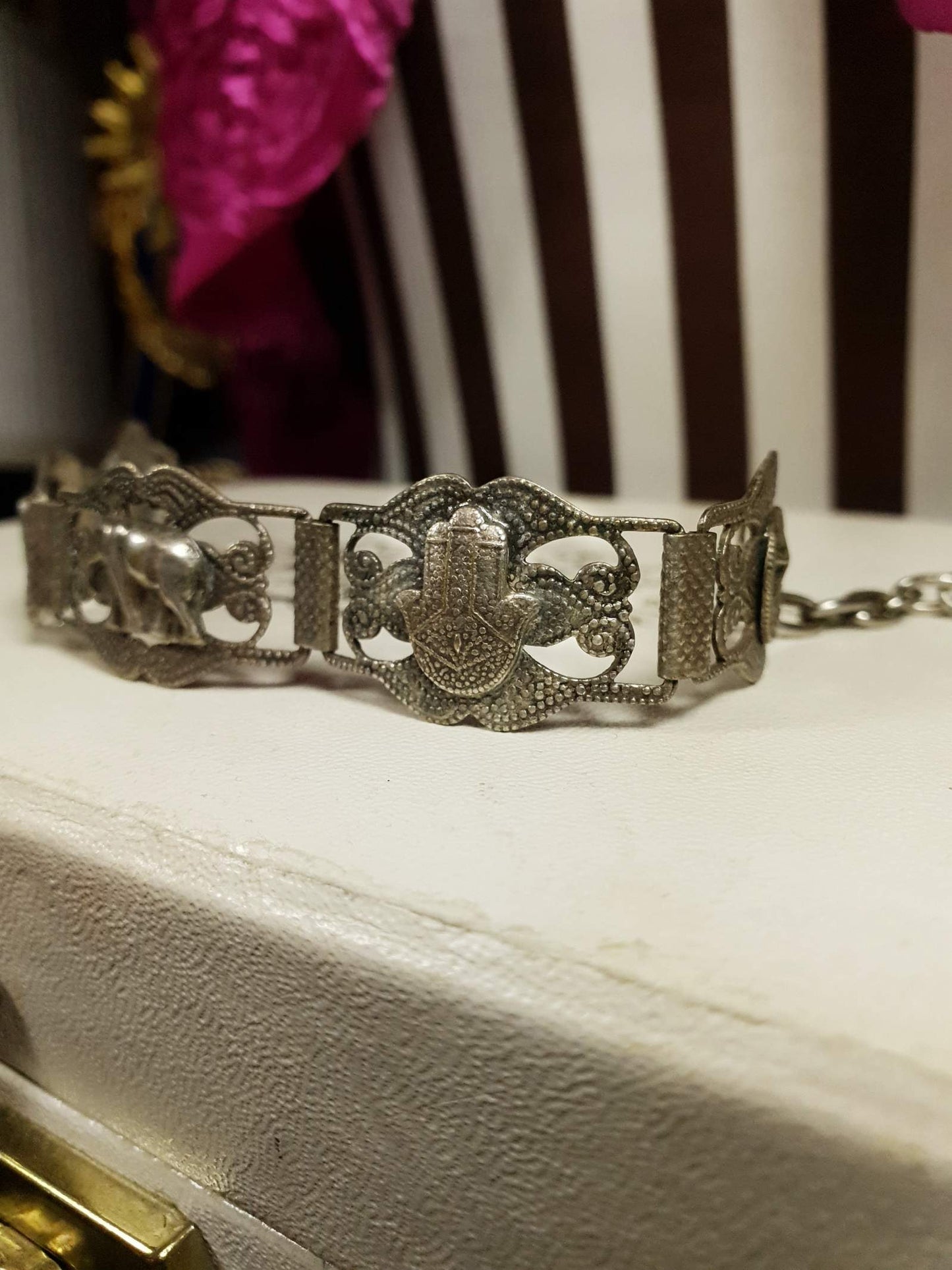 Vintage 1920s Silver Elephant Bracelet Antique Marked Boho Bohemian Algerian