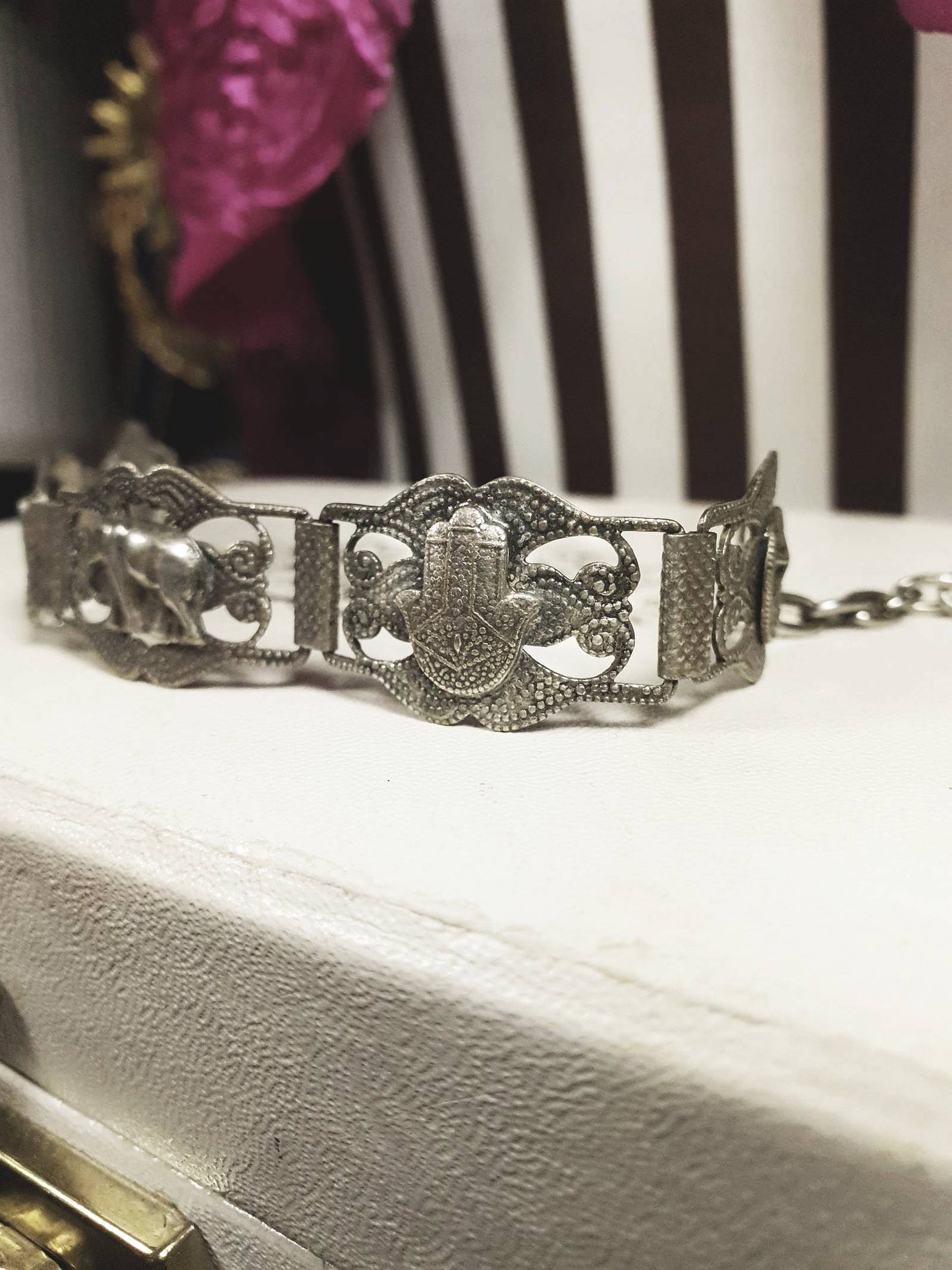 Vintage 1920s Silver Elephant Bracelet Antique Marked Boho Bohemian