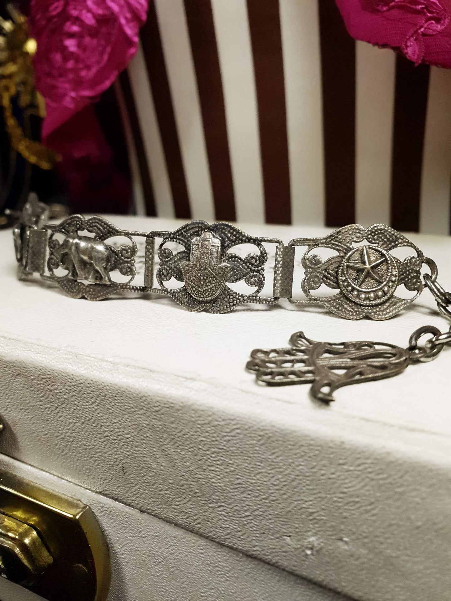 Vintage 1920s Silver Elephant Bracelet Antique Marked Boho Bohemian Algerian