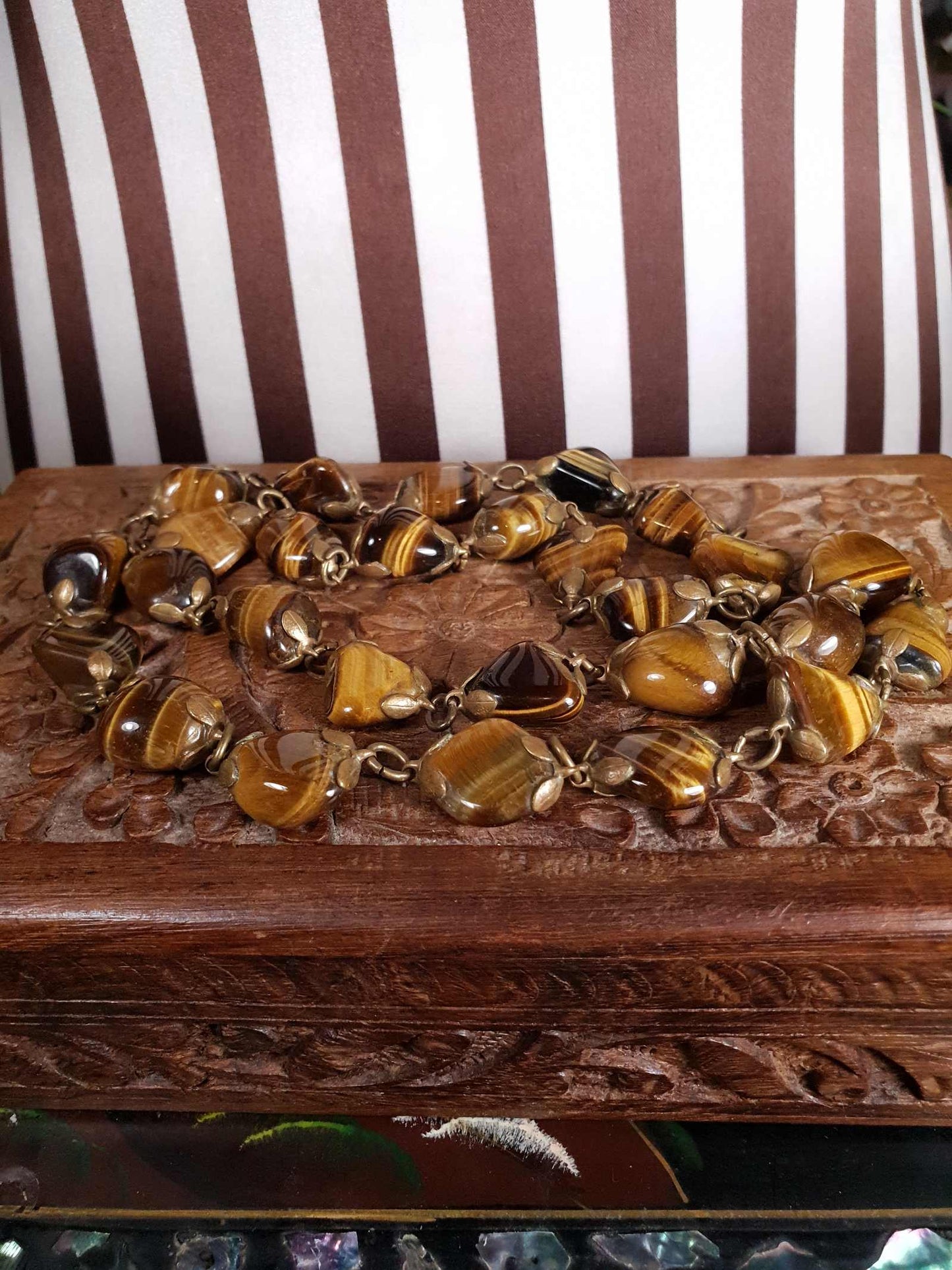 Vintage 1920s Tiger's Eye Art Deco Necklace 26" Brass Antique Gemstone