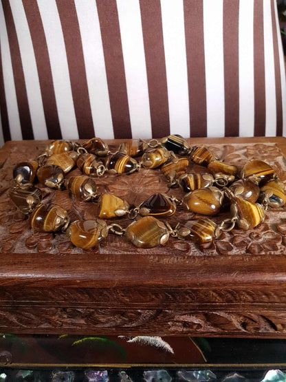 Vintage 1920s Tiger's Eye Art Deco Necklace 26" Brass Antique Gemstone