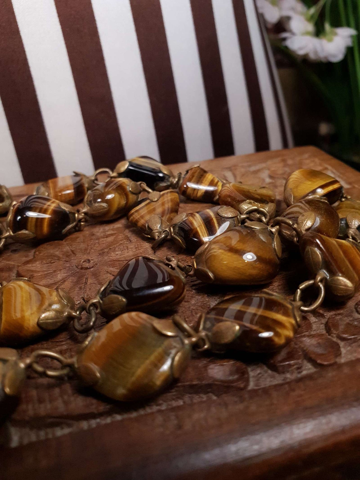Vintage 1920s Tiger's Eye Art Deco Necklace 26" Brass Antique Gemstone