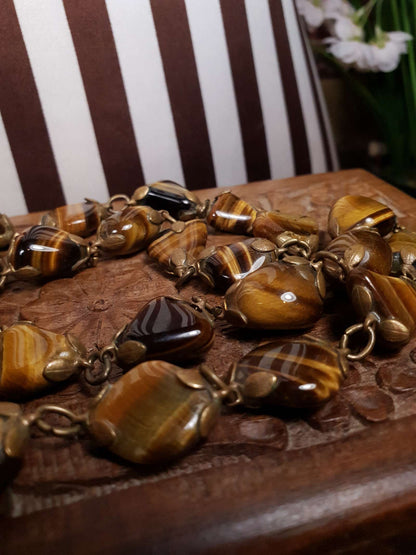 Vintage 1920s Tiger's Eye Art Deco Necklace 26" Brass Antique Gemstone