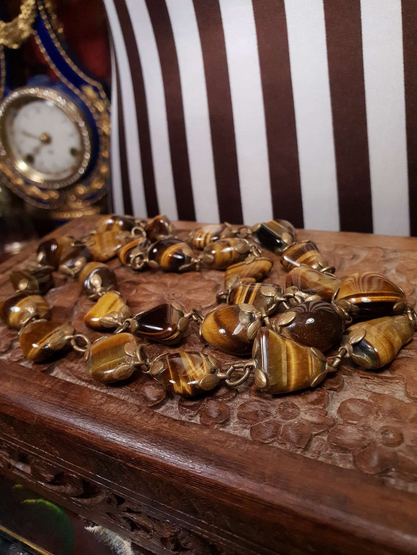 Vintage 1920s Tiger's Eye Art Deco Necklace 26" Brass Antique Gemstone