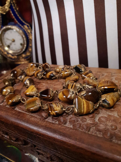 Vintage 1920s Tiger's Eye Art Deco Necklace 26" Brass Antique Gemstone