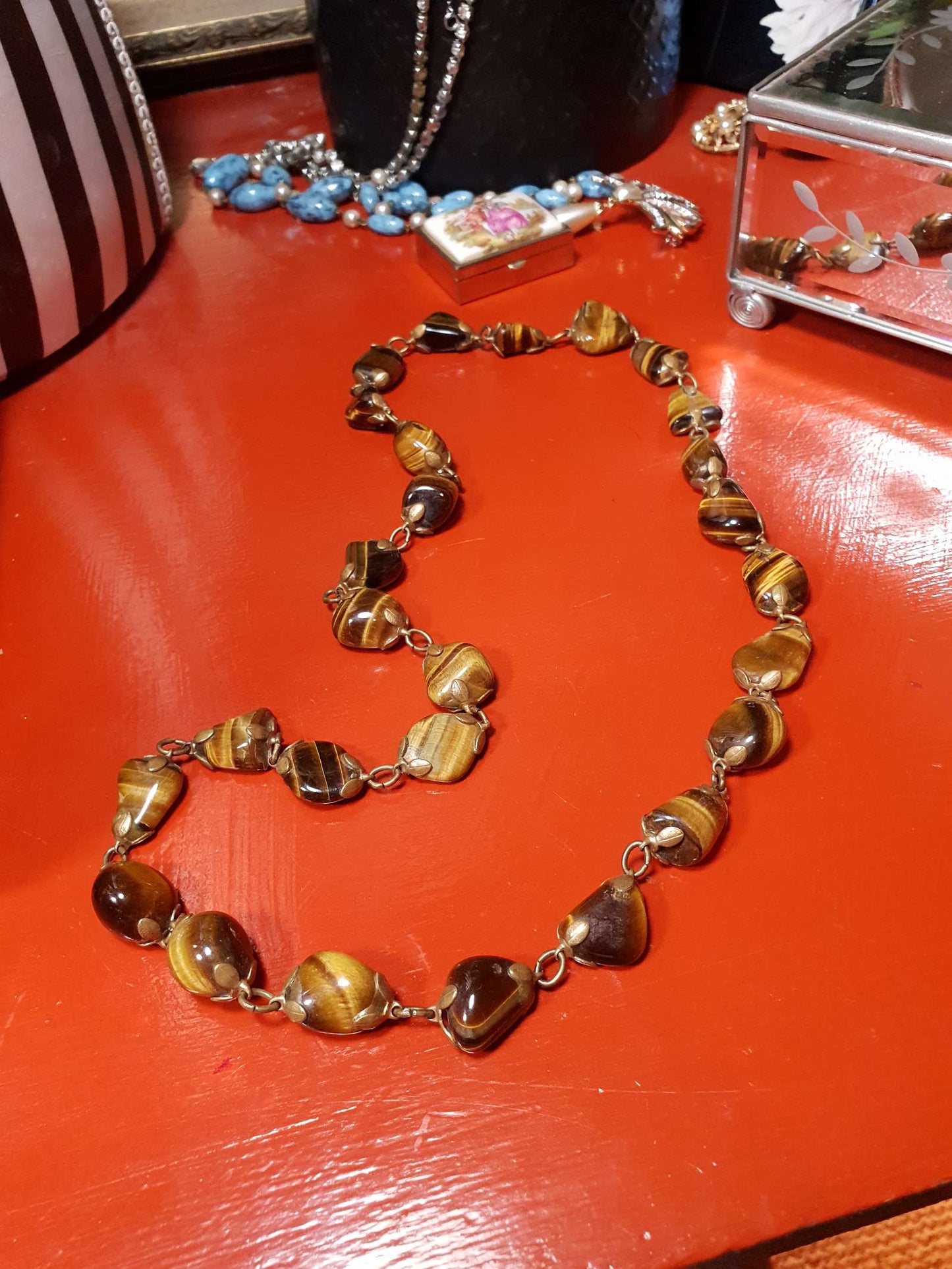Vintage 1920s Tiger's Eye Art Deco Necklace 26" Brass Antique Gemstone