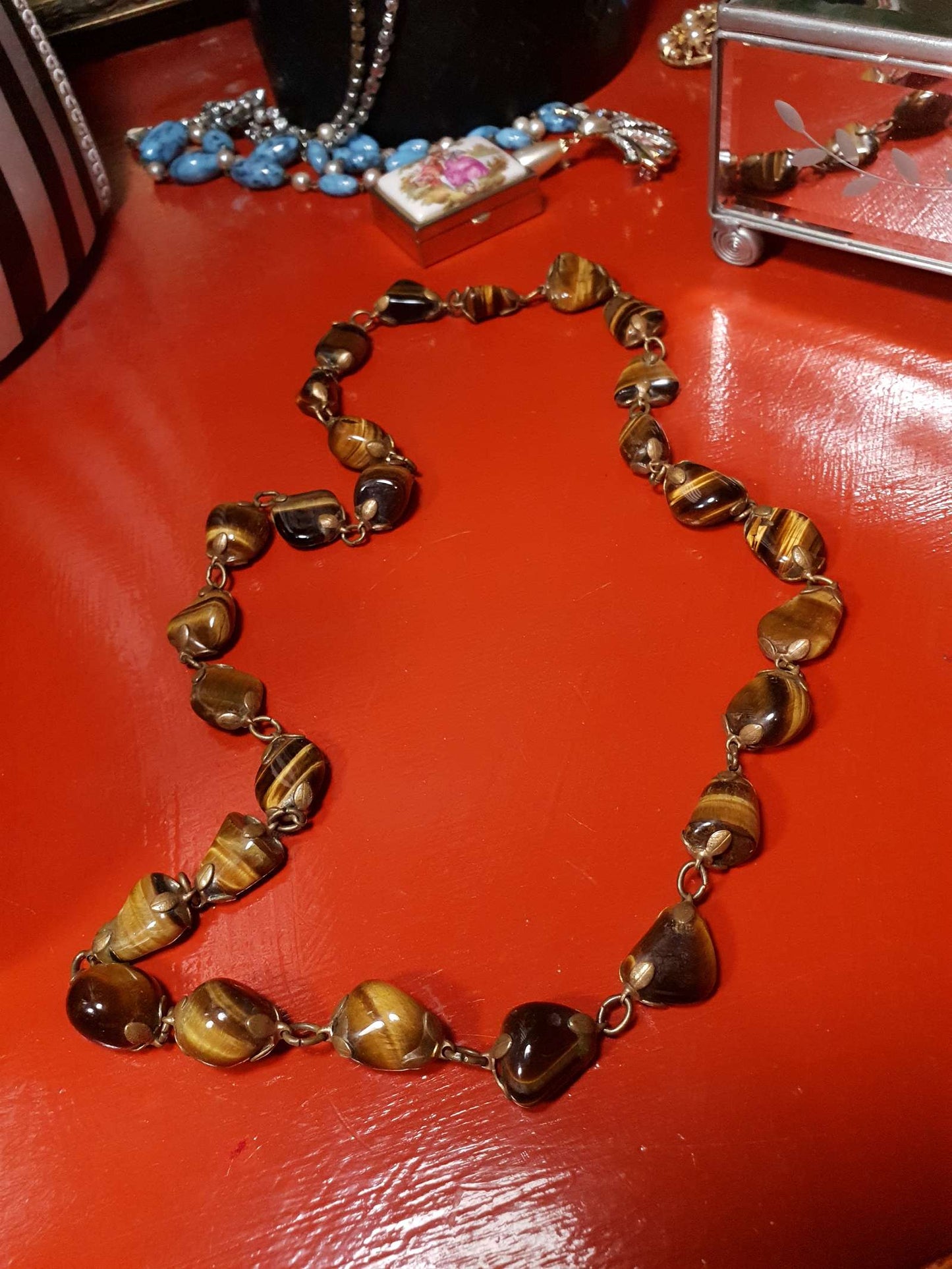 Vintage 1920s Tiger's Eye Art Deco Necklace 26" Brass Antique Gemstone