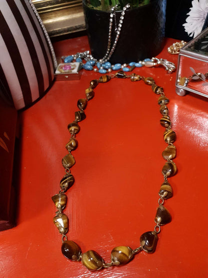 Vintage 1920s Tiger's Eye Art Deco Necklace 26" Brass Antique Gemstone