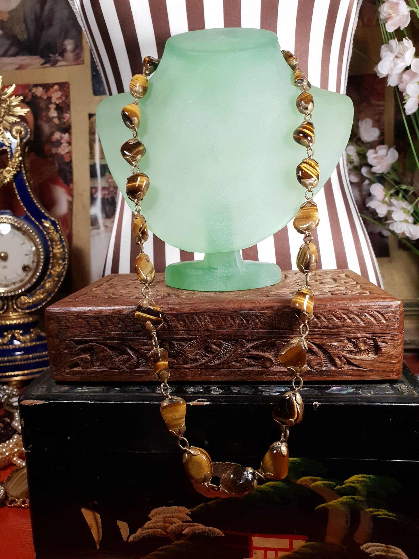 Vintage 1920s Tiger's Eye Art Deco Necklace 26" Brass Antique Gemstone