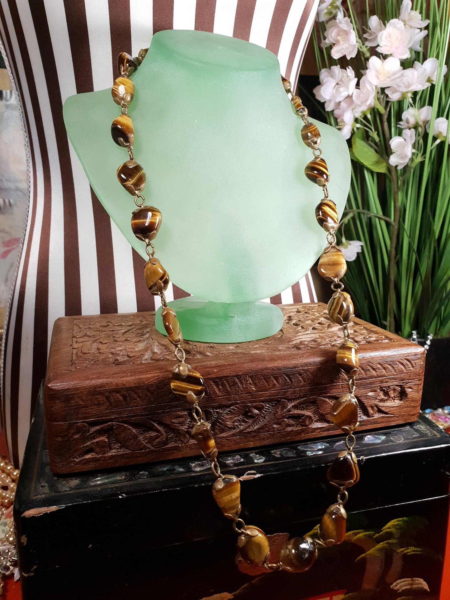 Vintage 1920s Tiger's Eye Art Deco Necklace 26" Brass Antique Gemstone