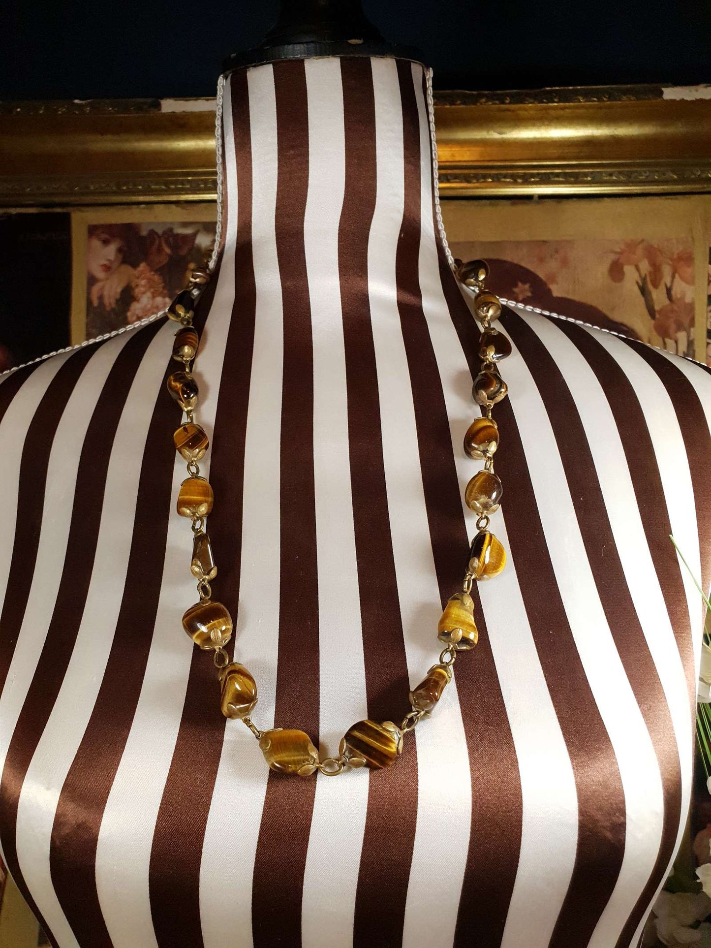 Vintage 1920s Tiger's Eye Art Deco Necklace 26" Brass Antique Gemstone